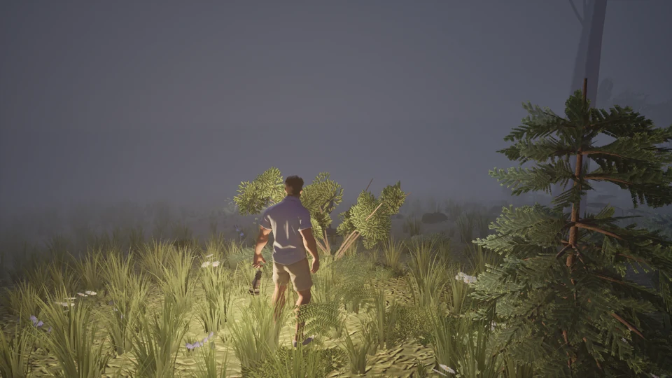 A survivor pushes through tall grass in the mist.